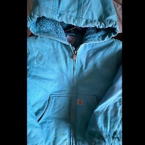 Carhartt Kids Aqua Blue Canvas Sherpa Lined Full Zip Hooded Jacket Size XS(6)